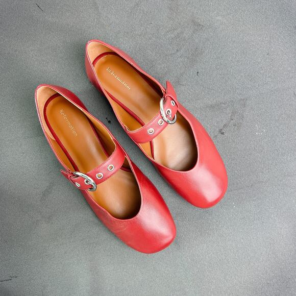 Reformation Bethany Red Leather Ballet Flats Silver Buckle 7 - Picture 3 of 5